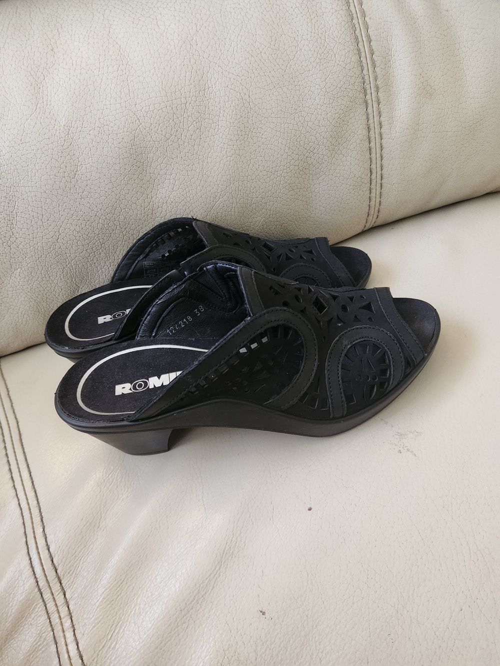 Romika Black Laser-Cut Leather Slide Clogs
